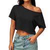 Dámský ležérní crop top s odhalenými rameny, volný střih, krátký rukáv, jednobarevný, základní letní tričko