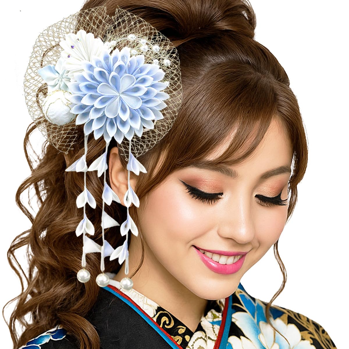 

Hair Pearl for and Ornament, Tsumami-zaiku, Beads, Lace, Furisode, Coming-of-Age Ceremonies, Graduations, Weddings, Yukata, wk-252 (Light Blue) светло-синий