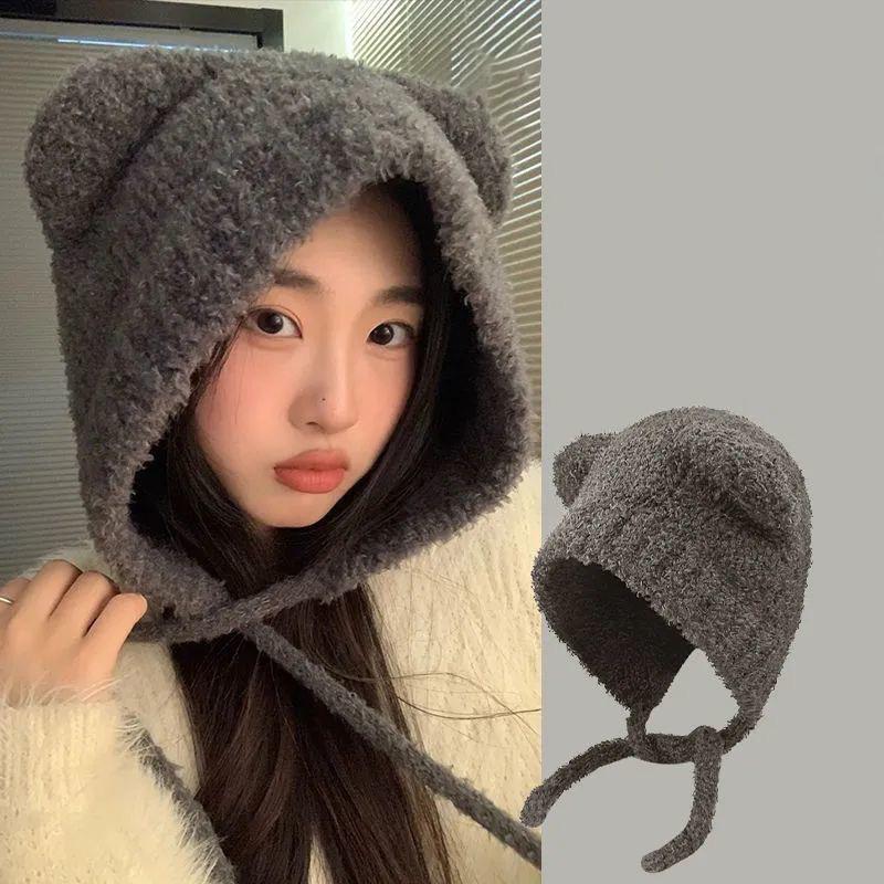 Autumn And Winter Cute Bear Plush Hat Women'S Able Warm Woolen Hat Large Head Circumference Ear Protection Hat