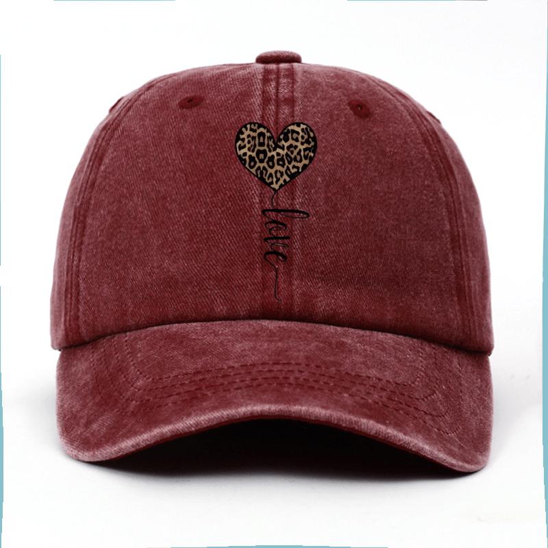 Leopard Heart Love Script Baseball Cap Distressed Sun Protection Casual Adjustable Unisex Outdoor Cap