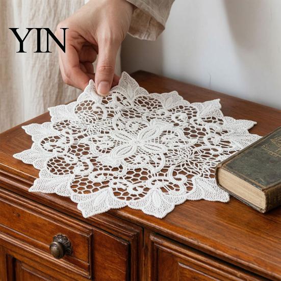 Bridal Shower Table Accents Round White Lace Doily, Retro Placemat, Embroidered Mat, Durable Polyester Doilies Elegant for Wedding Dining Decor