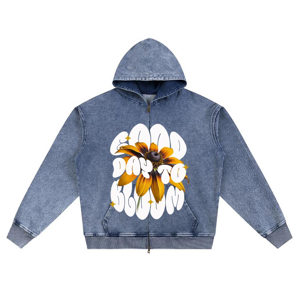 DTG print Knitted Denim Zip-Up Hoodie Good Day to Bloom T Shirt Brother Print Zipper Hoodies