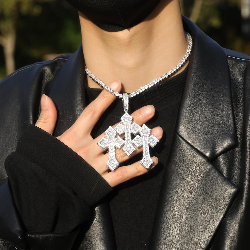 Retro Cross Pendant Men's Necklace with Copper Ladder Square Zirconium