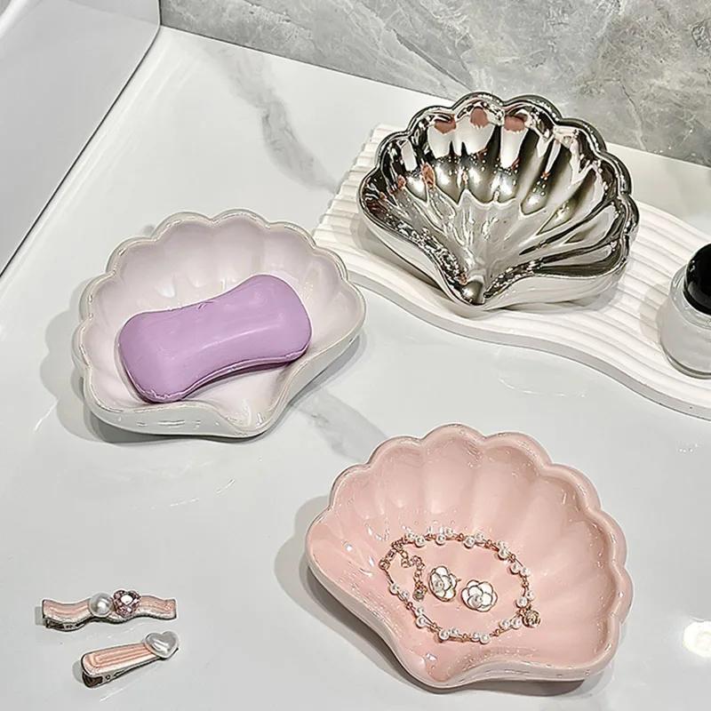 Shell Shaped Ceramic Soap Dish - No Drilling Required Drain Rack, Pearl Glaze Bathroom Countertop/Sink Decoration - Jewelry Tray