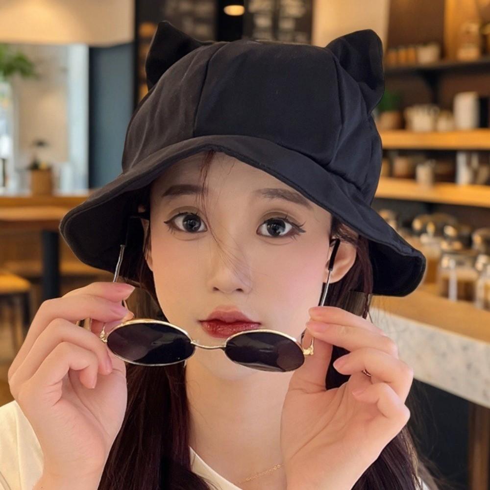 Casual Anti-UV Cat's Ears Bucket Hat Sunscreen Foldable Fisherman Hat Wide Brim Sun Hat Outdoor Activities