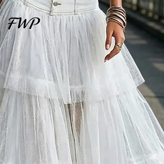 Long Skirt Women Skirt, High Waist Mesh Splicing Soft Breathable Patchwork Hip Covering Maxi Versatile for Party Beach Wedding Night Out Comfortable