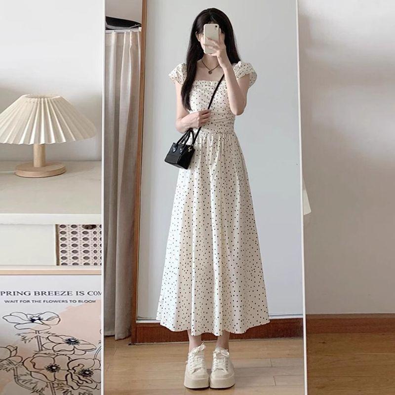 French seaside vacation style small flying sleeves polka dot dress summer women s new thin white dress S