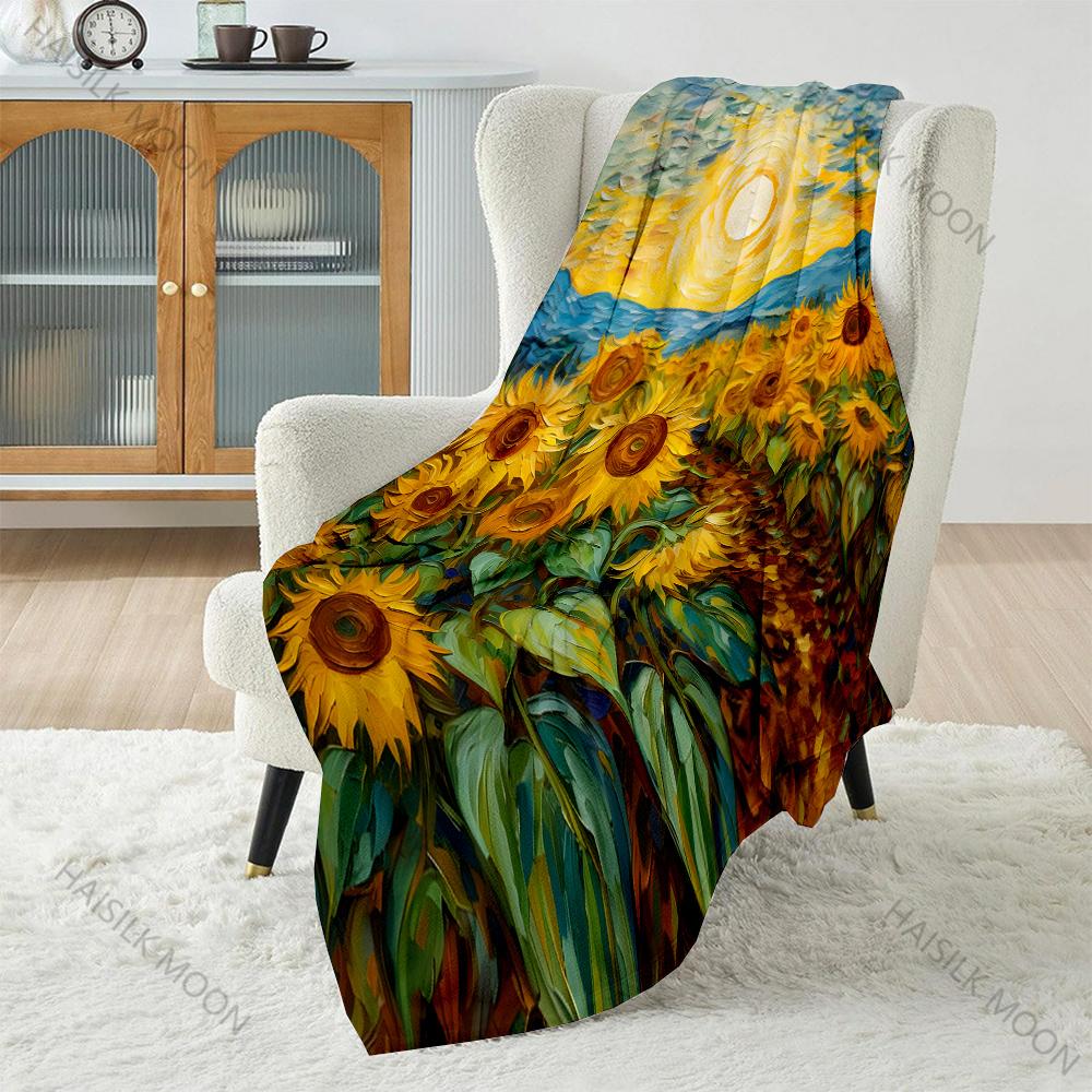 Multi-size Vibrant Sunflowers and Sky. Pattern Blanket Flannel Material Soft Warm for All Seasons, Home Outdoor Camping Picnics