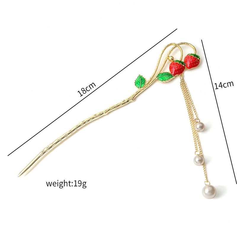 Cute Strawberry Pearls Tassel Hairpin Retro Creative Colorful Fruits Headpiece Cheongsam Antique Style Hair Ornaments