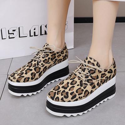 Fashion Women's Round Toe Leopard Print Oxfords Lace Up Chunky Platform Casual Shoes Woman Thick Bottom Non Slip Trainers Plus Size 43