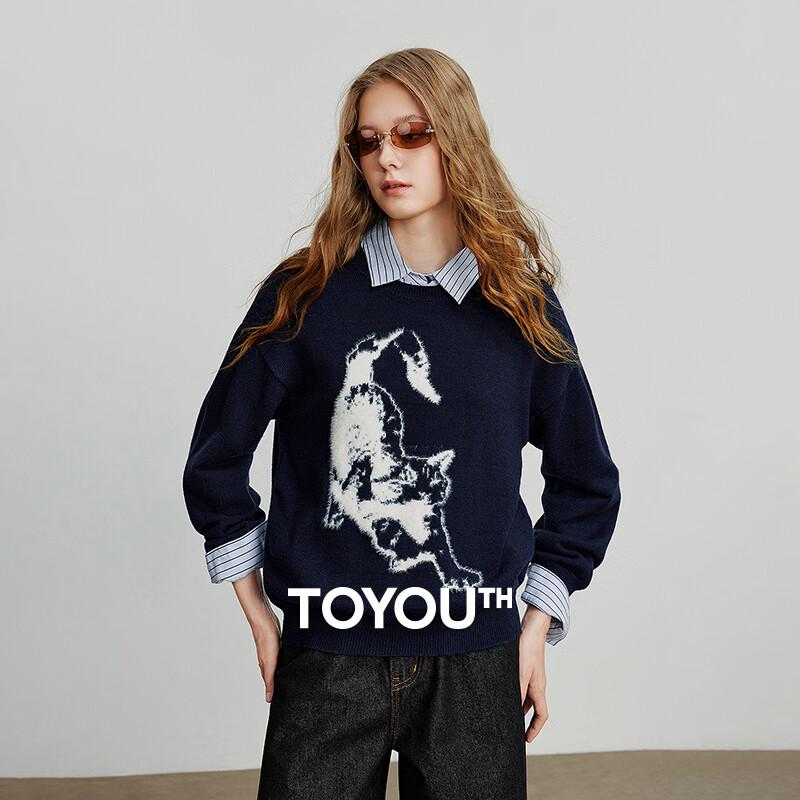 Chuyu Women's Cat Jacquard Round Neck Sweater