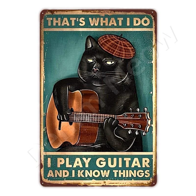 Vintage Metal Sign, That's What I Do I Play Guitar, Dancing Cat, Black Cat, Funny Tin Sign, Rustic Bar, Cafe, Home Decor Gift