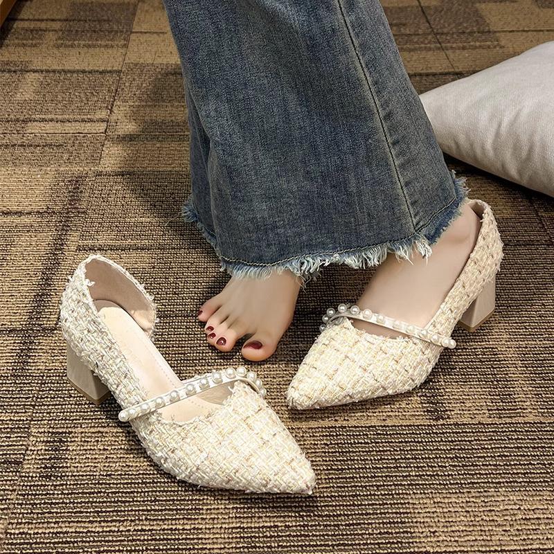 Pointed single shoes women's thick heel spring 2025 new pearl versatile shallow mouth gentle fairy wind side empty high heels