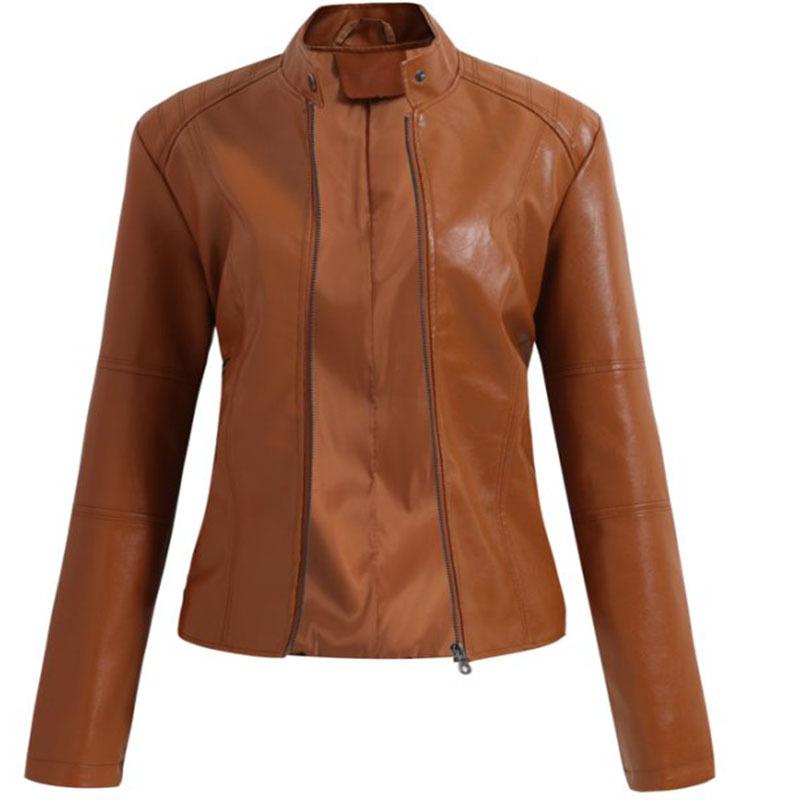 Cross-border European Size Women's Leather Jacket Women's Jacket Spring and Autumn Coat Women's Locomotive Clothing Large Size Stand-up Collar Leather