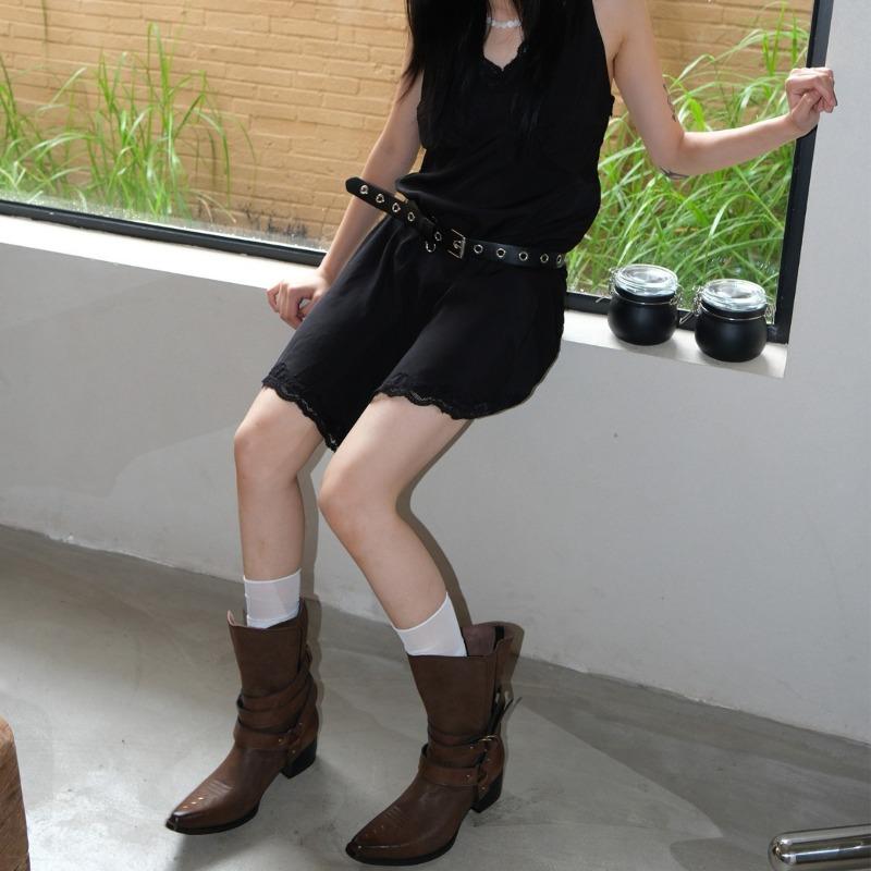 Sheepskin version of western cowboy boots spring new retro versatile metal buckle medium tube knight boots