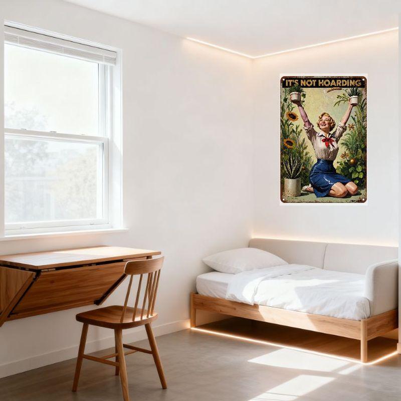 Vintage 1950s Style 'It's Not Hoarding' Plant Lover Metal Tin Sign - Woman with Plants & Butterflies Retro Propaganda Plaque for