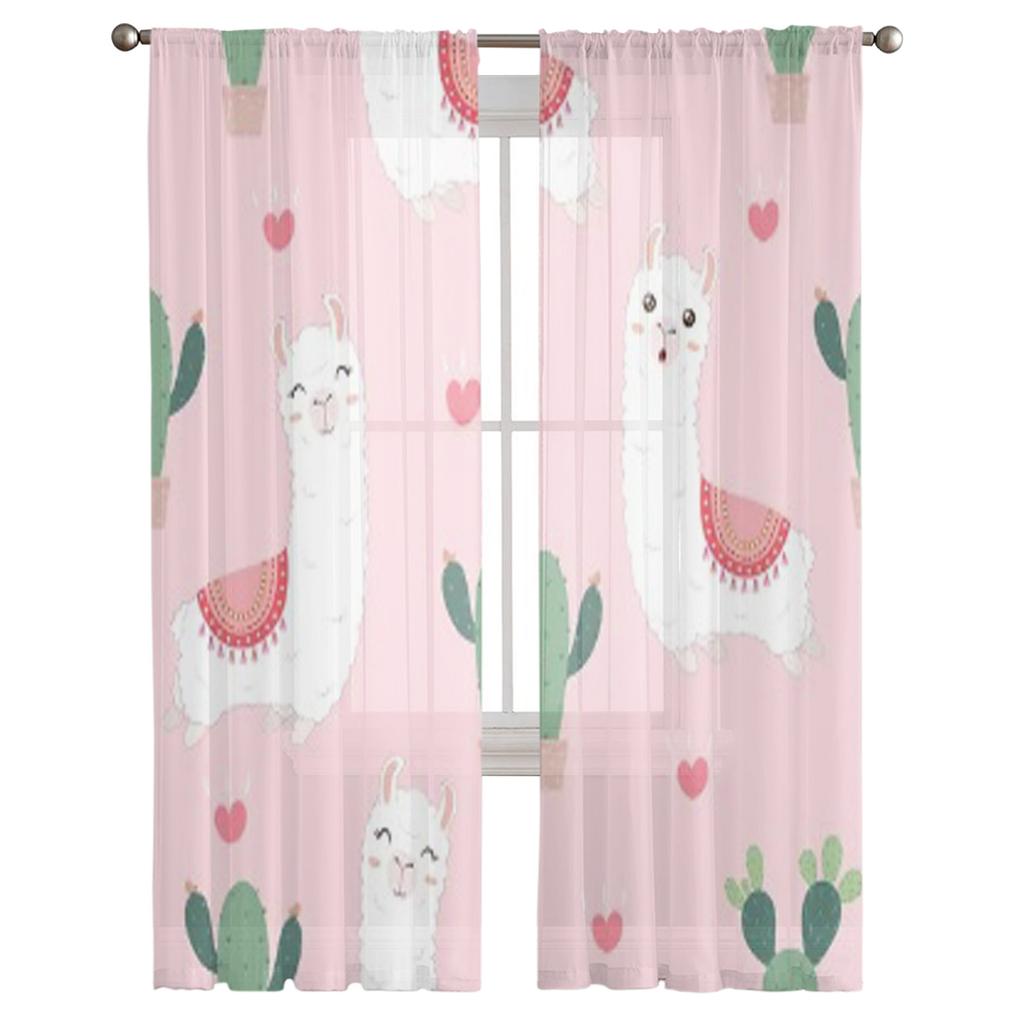 Alpackor Och Kaktus Tecknad Rosa Tyll Skira Gardiner för Vardagsrum Rum Sovrum Kök Dekoration Voile Organza Gardiner
