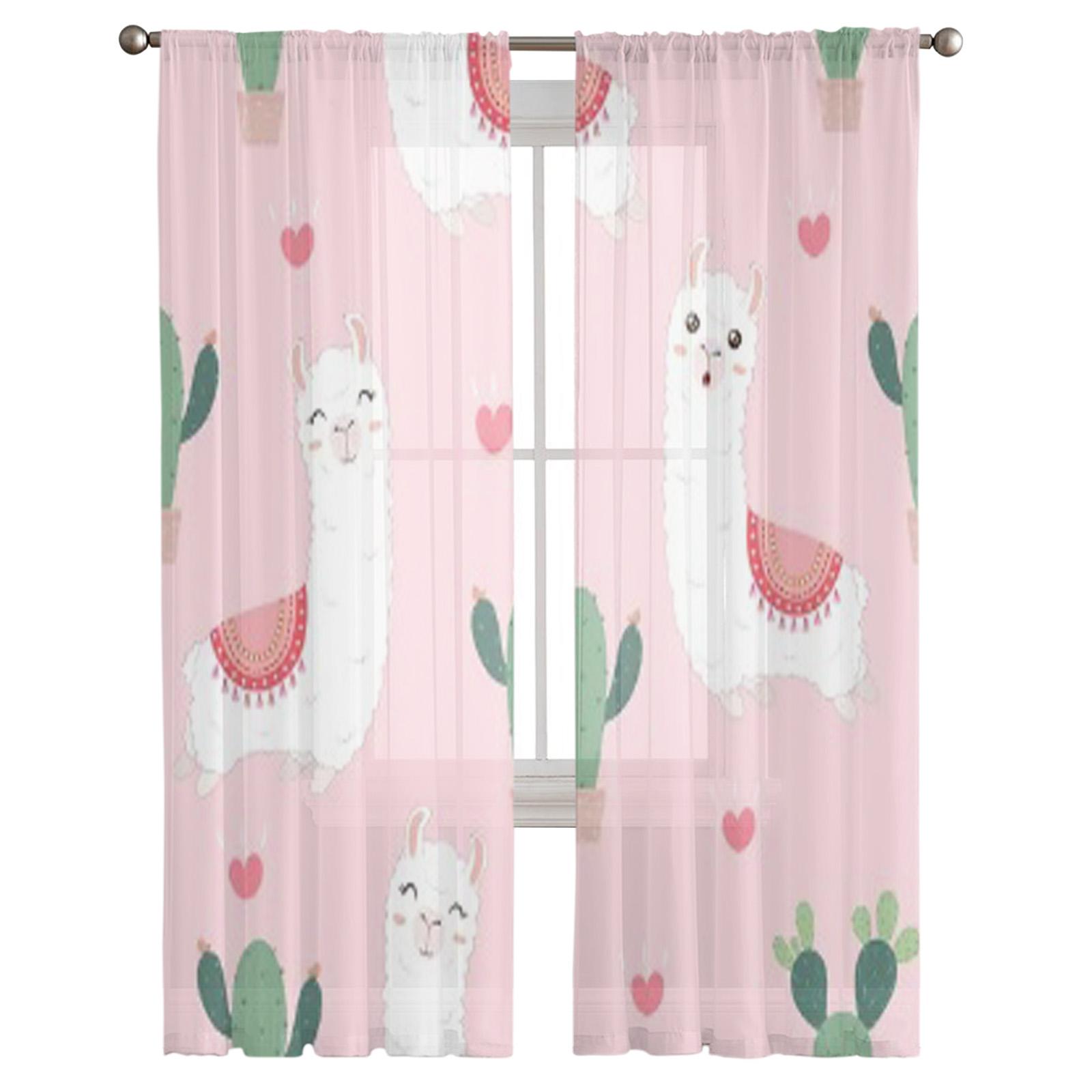 Альпаки и кактусы мультфильм розовый тюль прозрачные шторы для гостиной спальни кухни — фото 2