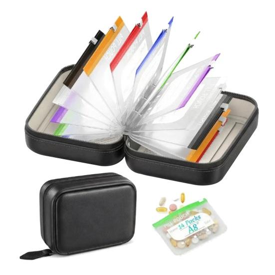 Pill Organizer with 14PCS Clear Zipper Bags Inside Medicine Case Waterproof Portable Travel Storage Holder for Daily Supplements
