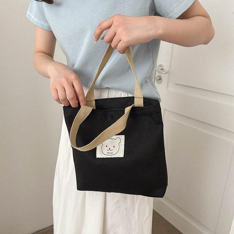 Women Fashion Handbag Canvas Small Bear Tote Bag Hand Lunch Bag Korean Canvas Bag Handbags Cotton Cloth Picnic Travel Bento Bucket Bag