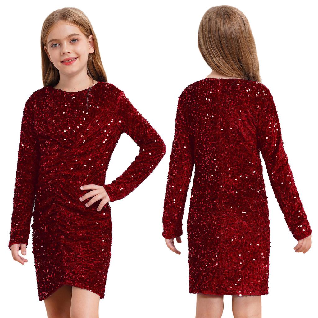 Girls Glitter Sequin Party Dress Long Sleeve Velvet Ruched Front Bodycon Gown for Birthday Prom