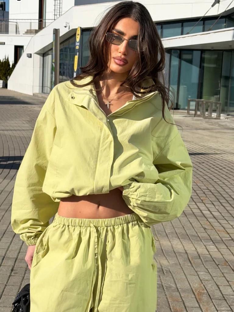 Neues lässiges Sportset für Damen, lockerer Cardigan mit Stehkragen und kurzem Reißverschluss + Hose mit weitem Bein