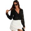 Ladies Summer Long Sleeve V Neck Mesh Jacquard Semitransparent Shirt Top