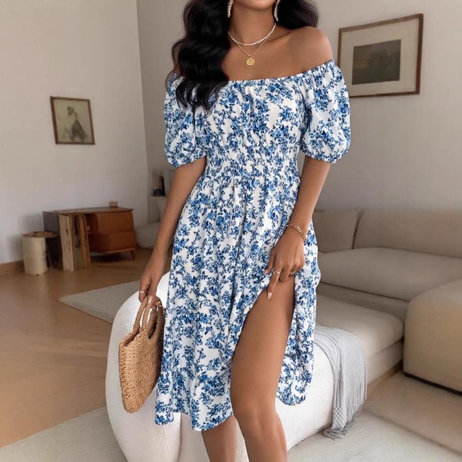 Summer New Arrivals Floral Square Neck Short Sleeve Ruched A-Line Skirt Women's Clothing