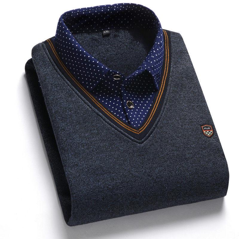 Men's Fleece-Lined Two-Piece Shirt Collar Sweater for Middle-Aged & Elderly