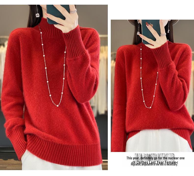 2025 Autumn/Winter Women's Thick Pure Wool Half-High Collar Knit Sweater