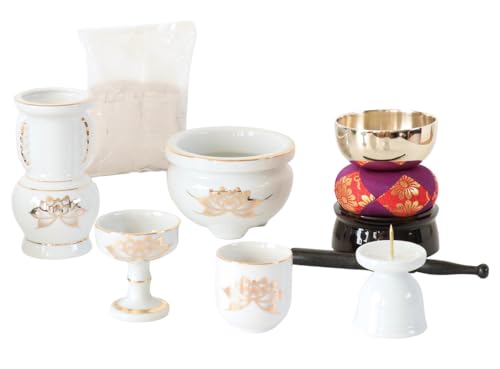 Buddhist Altar Set (6 pieces): White Porcelain with Gold Lotus Design - Incense Burner + Candle Holder + Flower Vase + Tea Set + Buddhist Altar Bowl +