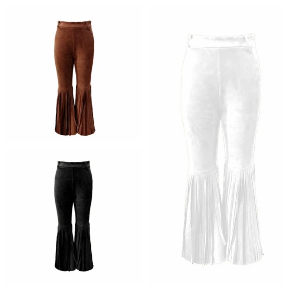 Solid Color Suede Tassel Pants Fringe Hem Slim Fit Flare Pants Retro High Waist Trousers  Party