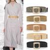 Summer Women Braided Belt Square Wooden Buckle Vintage Boho Straw Woven Belt
