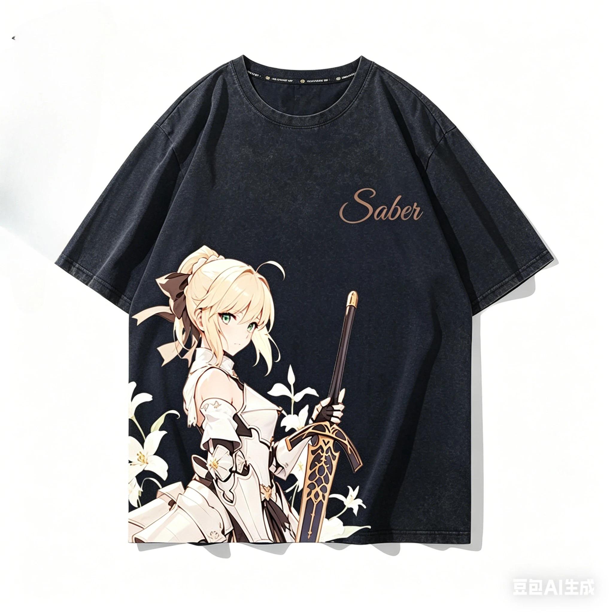 

Cool Stylish Vintage Classic Washed Black Fate Series Saber Lily Anime Casual Cotton Short-Sleeve T-Shirt L