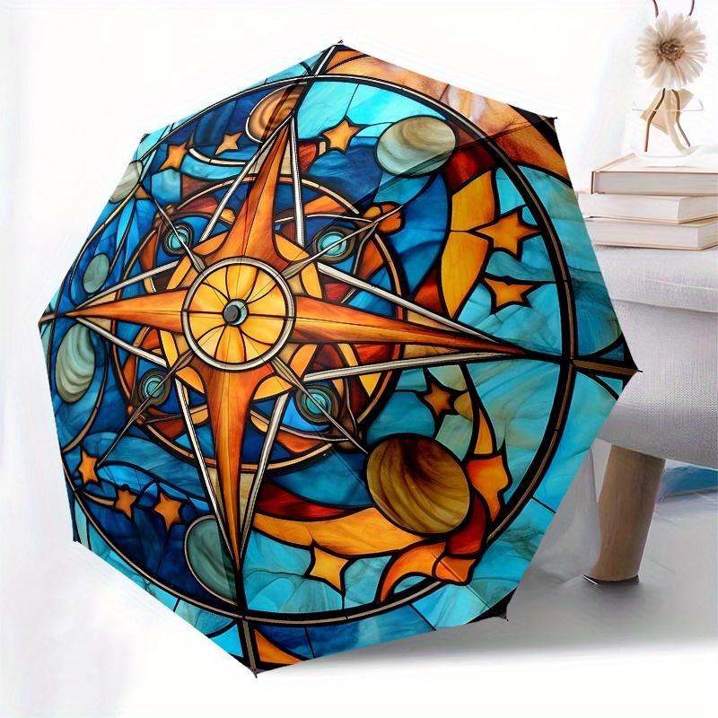 Stained Glass Compass Rose Window Panel, Celestial Design for Home Decor Umbrella, Cute Umbrella with Cute Design, Portable 3-Fold Compact Umbrella fo