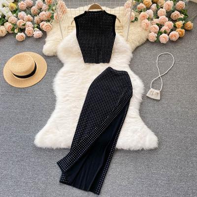 Summer Women's Undershirt Skirt Suit Temperament Suit Short Top Versatile High-waisted Sexy Split Mid-length Skirt Drilling Two-piece Set