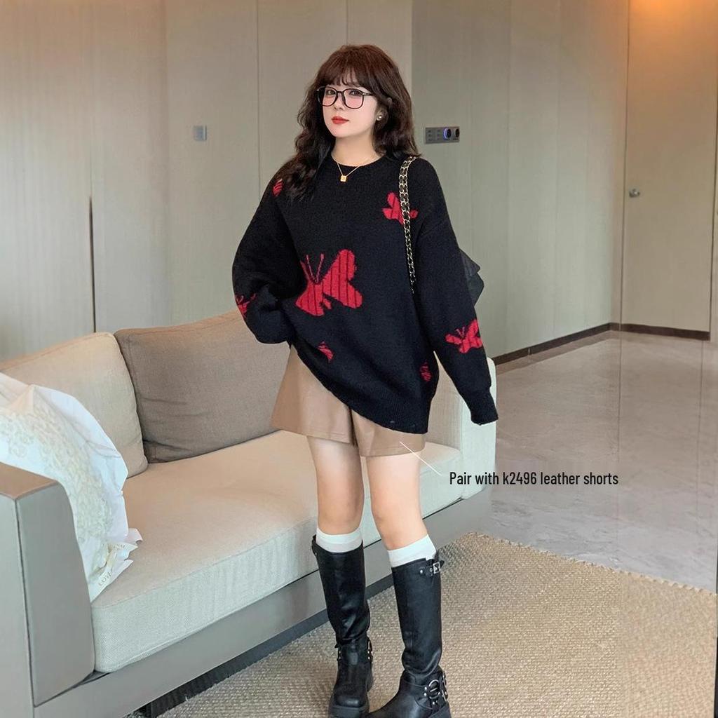 XHK2568 Plus Size Women's Winter Sweater - Hollow Out Butterfly Design, Soft and Cozy