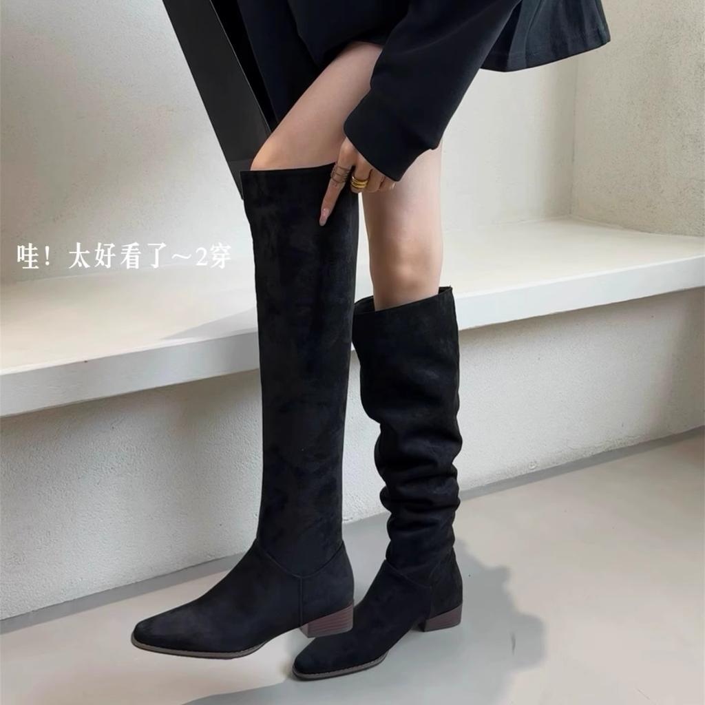 Coarse Heel Suede Over Knee Boots Pile Boots Women's Shoes 2025 Fall/Winter Khaki Skinny Boots Knight Boots