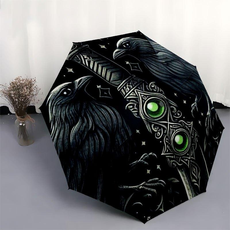 Raven&Sword Fantasy Art Print-Mystical DecorUmbrella with Cute Design,Portable 3-Fold Compact Umbrella for Men&Women,Valentine's Day Mother'