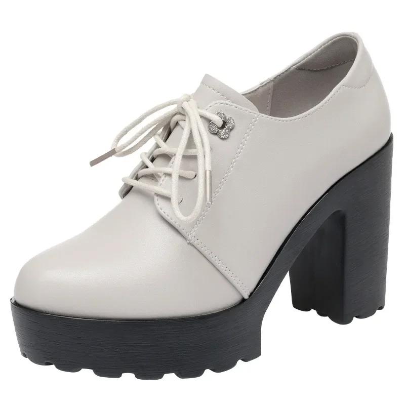 Chaussures Plateforme Épaisses Style Britannique en Cuir Souple 9.5cm Printemps 2026 Talons Hauts Bloc Chaussures Oxford pour Bureau Modèle Femme