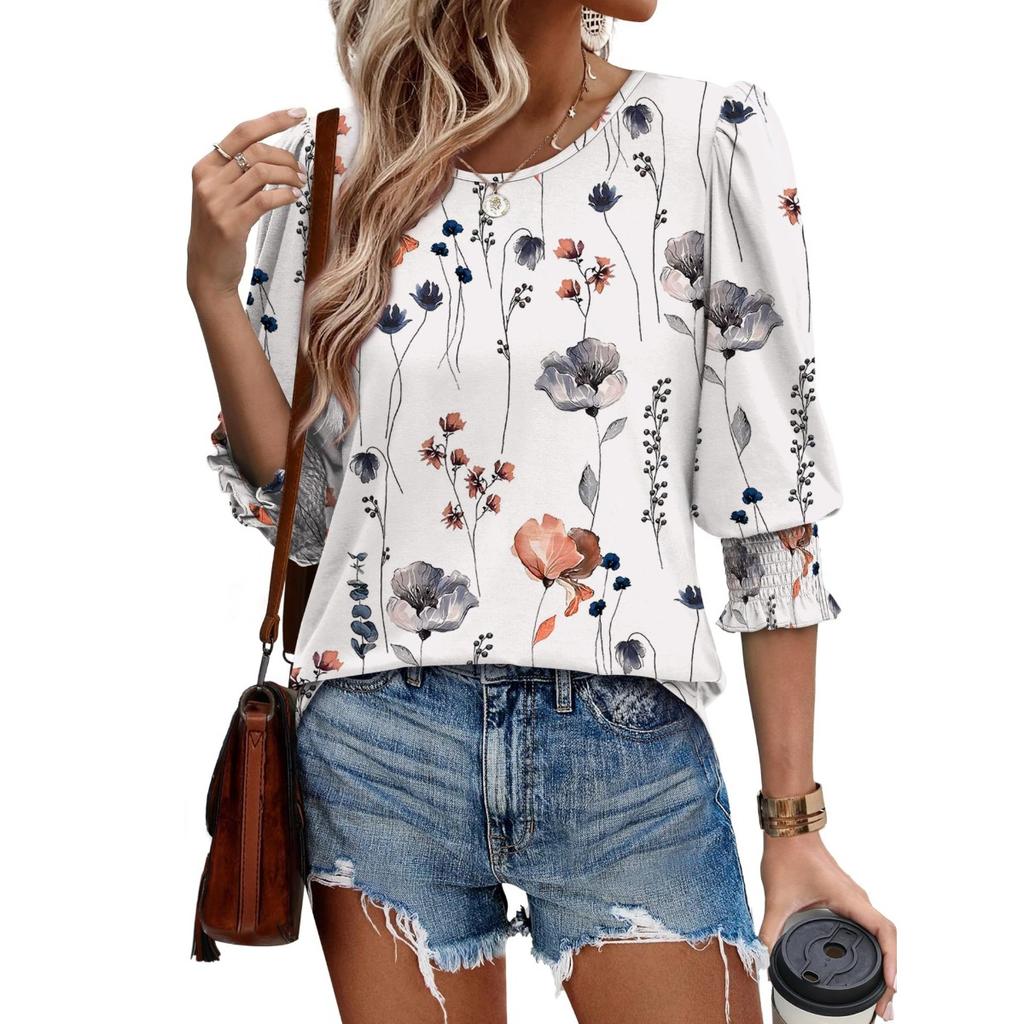 Women's Clothing, Spring, Loose, Casual, Printed, Seven Quarter Sleeves, Round Neck, T-shirt, Top