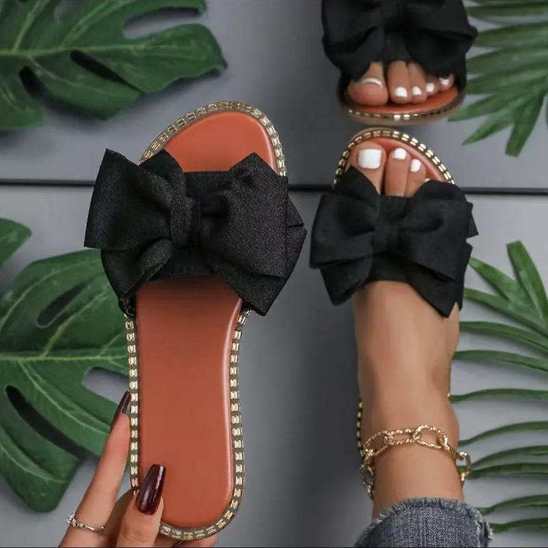 

Large size flat-bottomed rhinestone bow one-word slippers for women to wear solid color light cloth cool slippers 36 чёрный