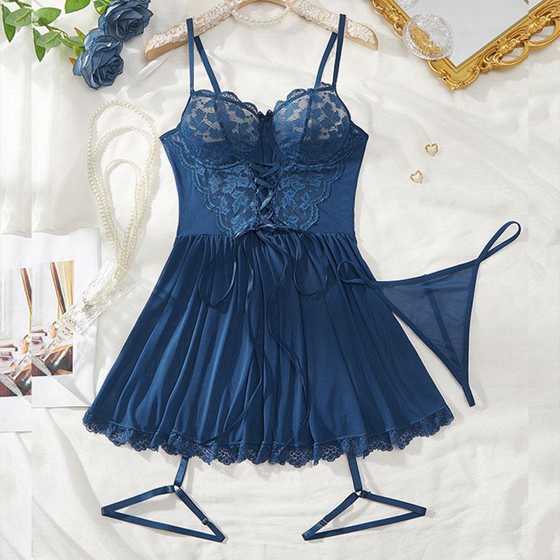 A Full Set Of Blue Plus Size Transparent Lingerie Suits Lace Bra Garter Belt Thong Sets Hot Women's Erotic Underwear Night Dress