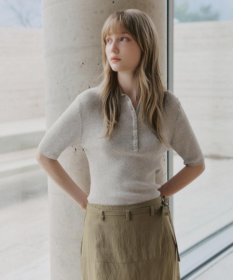LEFTSEOUL Button Collar Ribbed Half Knit [Ivory]