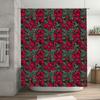 Modern Floral Shower Curtain Water-resistant Fabric Decorative Bath Set In Bold Red Flowers Green Leaves On Black Background (48