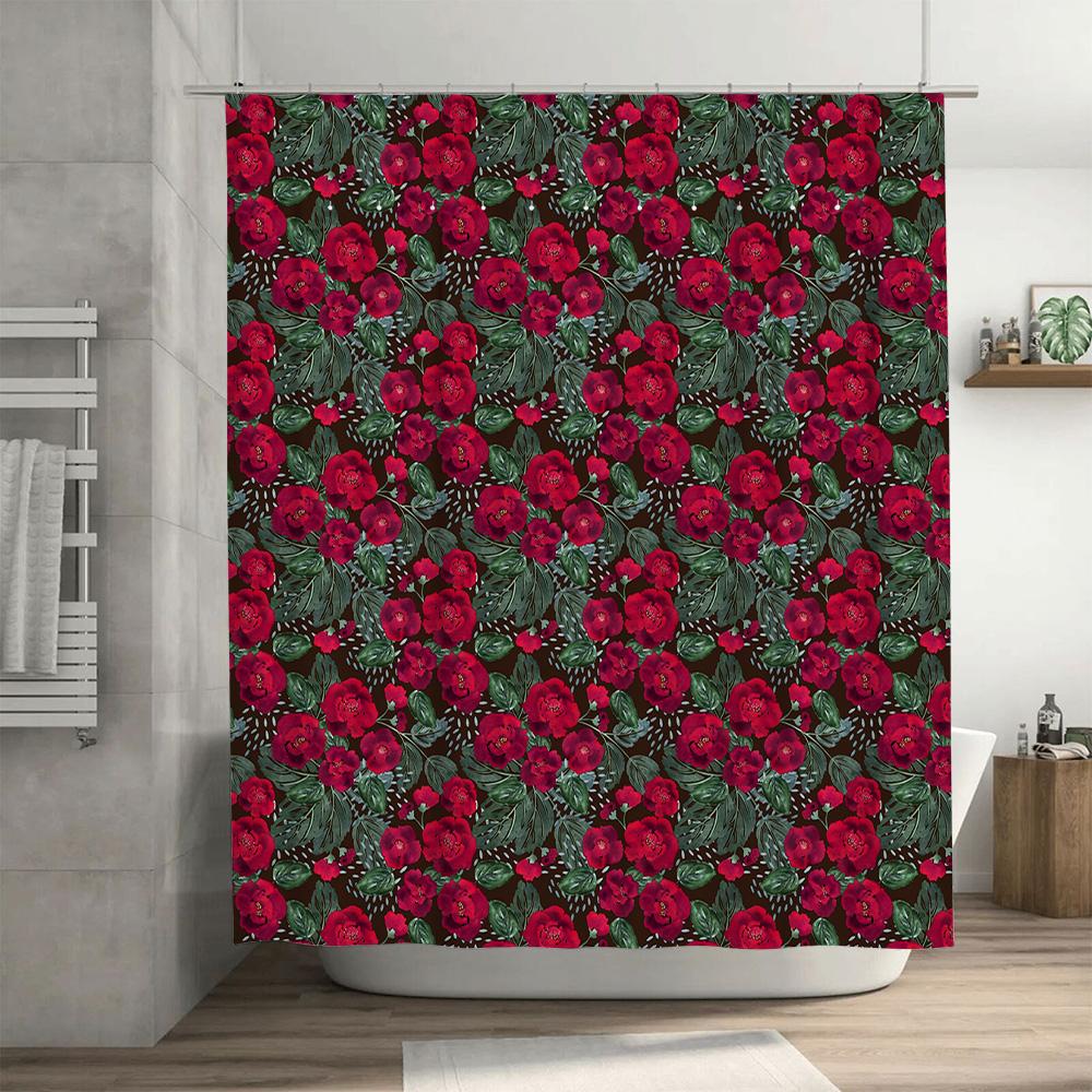Modern Floral Shower Curtain Water-resistant Fabric Decorative Bath Set In Bold Red Flowers Green Leaves On Black Background (48