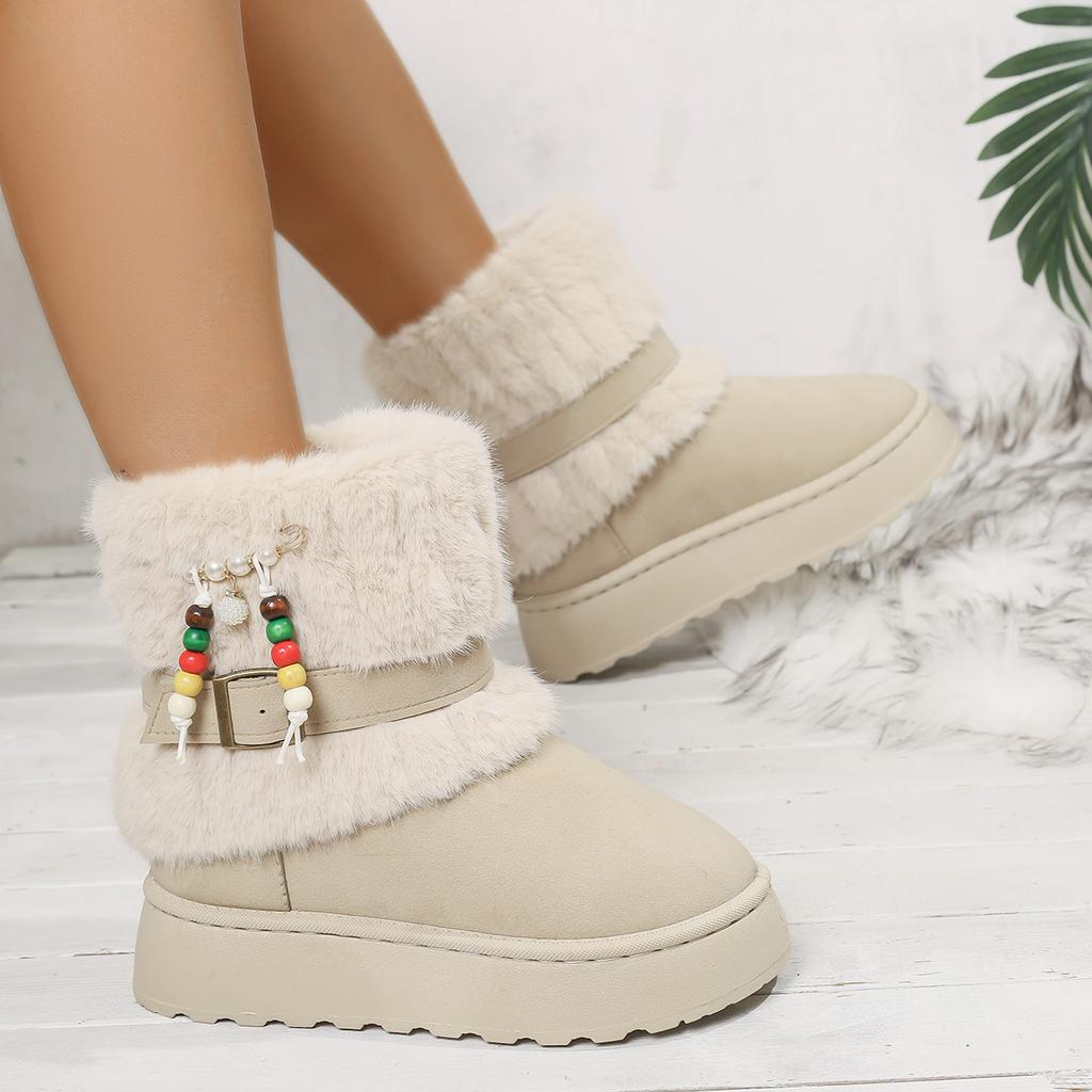 Modische Damen Kunstfell Schneestiefel 2025 Winter Komfort Dicke Sohle Fellige Stiefeletten Farbige Perlen Designer Schuhe für Frau Größe 43