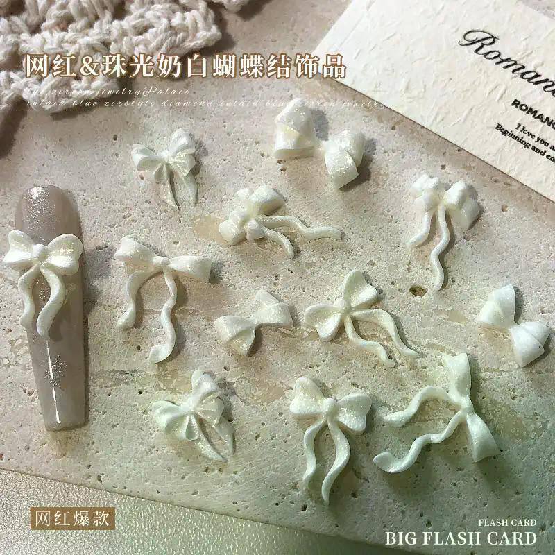 30PCS Pearlescent White Mini Resin Ribbon Bow Nail Art Decoration Bow Nail Charms Supplies For Manicure DIY