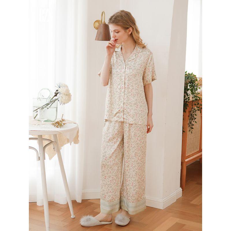 2024 Summer Pajamas Women's Short Sleeve Pants Tribute Satin Cotton Silk Placket Minimalist Floral Can Be Outerwear Homewear Suit