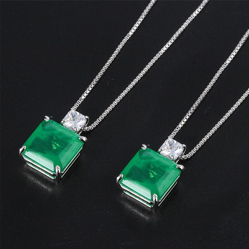 Xiancan 925 Silber Grüner Zirkon Quadrat Anhänger Halskette - Damen Europäisch & Amerikanisch Glücksstil